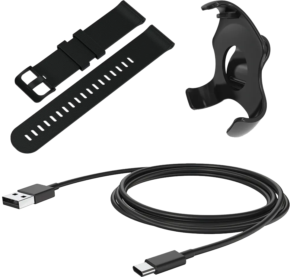 The accessories that come with the Silent Beacon Replacement Kit. A wristband, an accessory clip and a USB-C cord, all black.