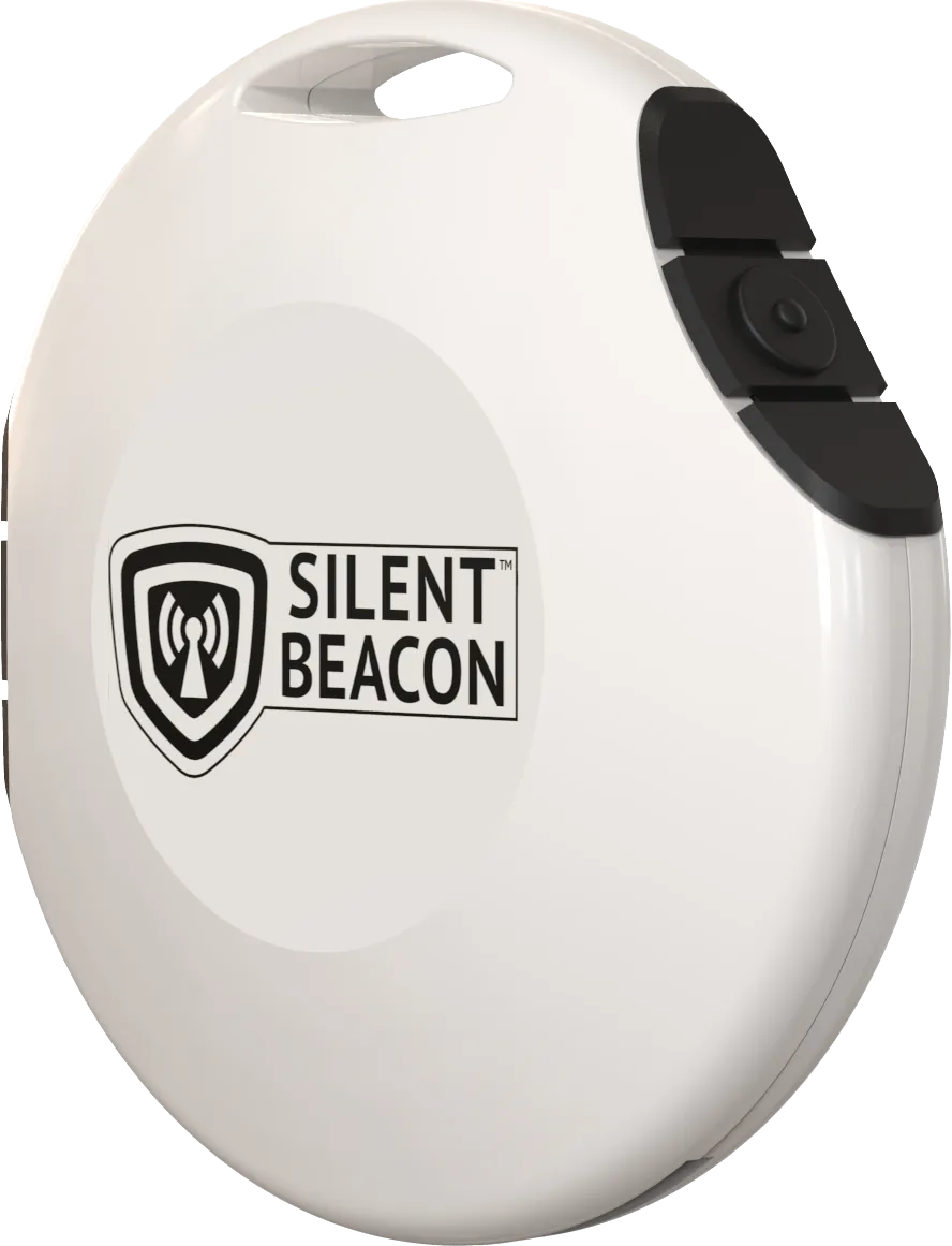 A 3D rendering of the original Silent Beacon Panic button 1.0 in white.