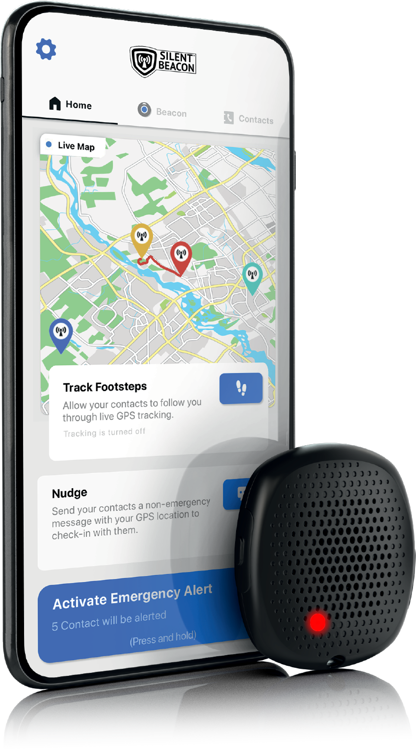 3D image of phone with the Silent Beacon App. The Silent Beacon Device sits in front of it.