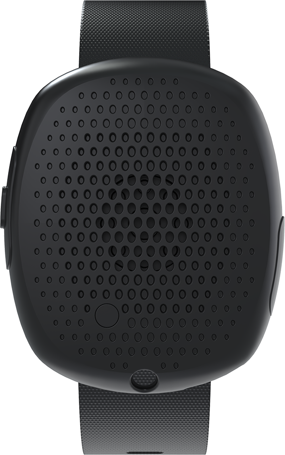 3D graphic of the Silent Beacon facing forward with a black wristband