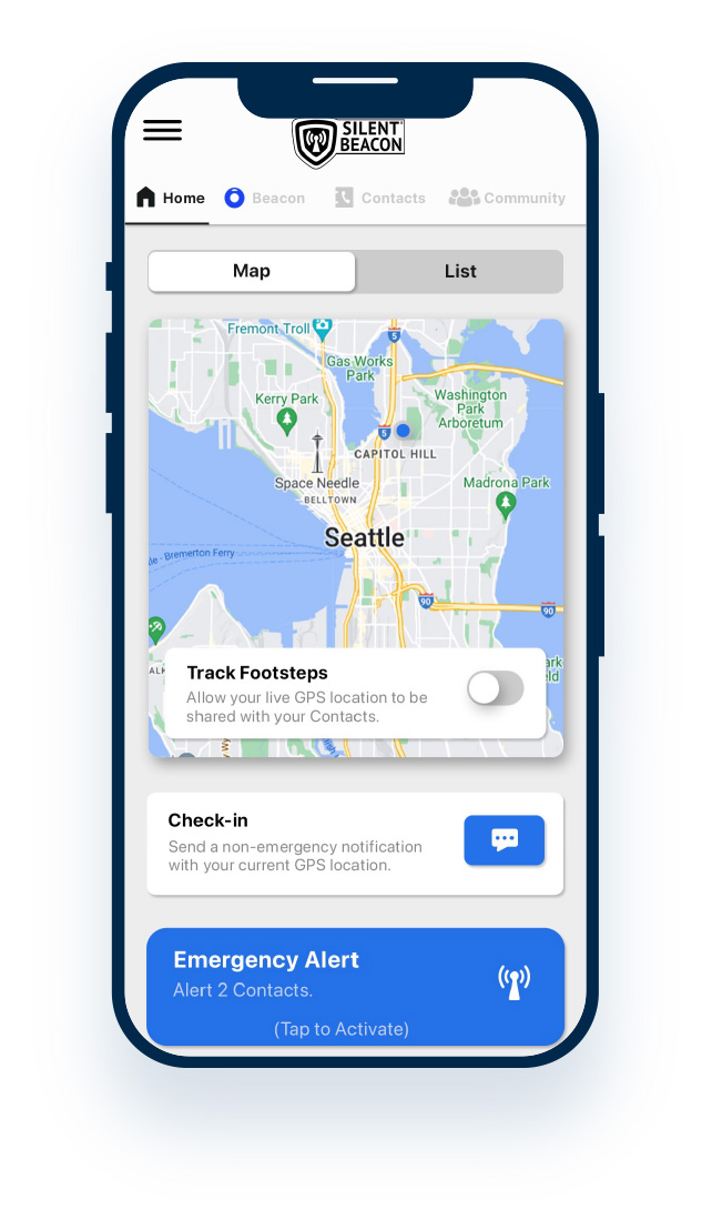 Silent Beacon Application on a phone with the Main Menu that has the users location on a map, Track Footseps toggle, check-in toggle and Emergency Alert button that is in blue.