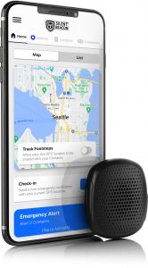 A phone showing the Silent Beacon Safety App open with a red alert pin in the middle of a map of Seattle. The Silent Beacon Device is sitting in front of the phone.