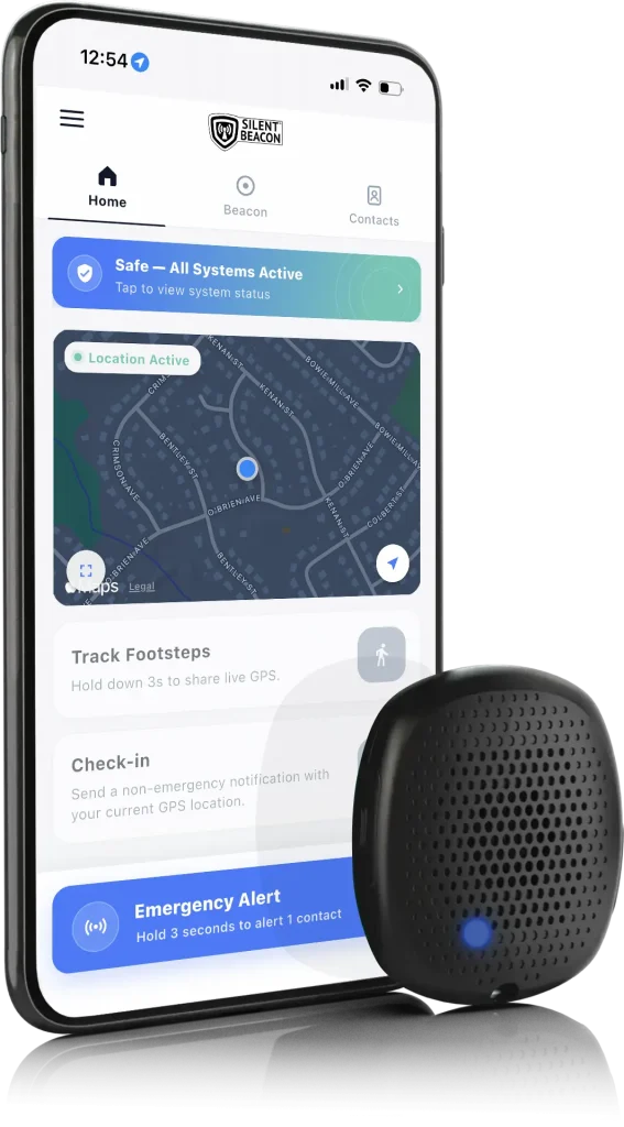 Silent Beacon wearable panic button paired with a mobile safety app for emergency alerts, GPS location sharing, and employee safety.