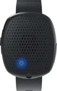 3D image of the Silent Beacon panic button, blue light glowing from Beacon to show you it is connected to the App.