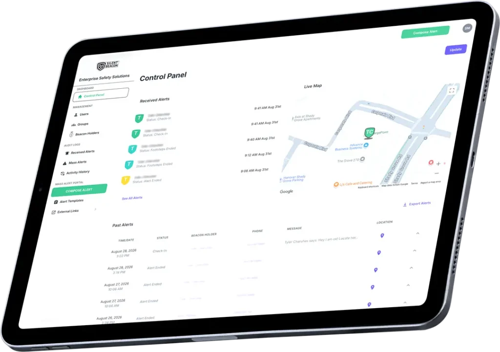 The Silent Beacon business safety solution dashboard being shown to demonstrate how to add new contacts.