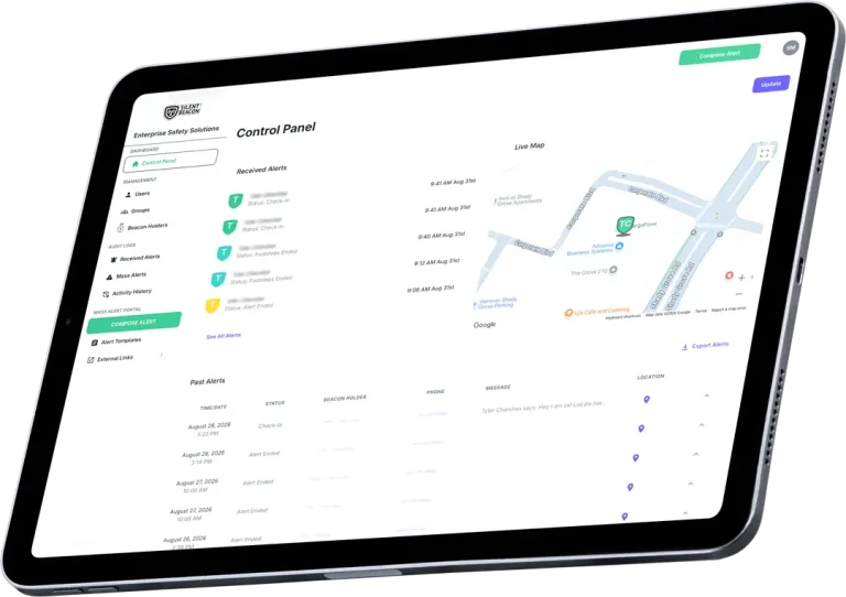 The Silent Beacon business safety solution dashboard being shown to demonstrate how to add new contacts.