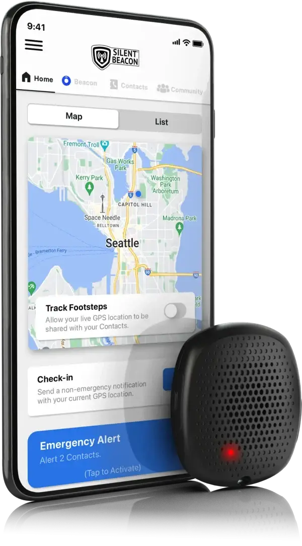 Silent Beacon app on a smartphone screen displaying a map with GPS tracking and emergency alert features. User reviews highlight the female safety app as useful in family safety.