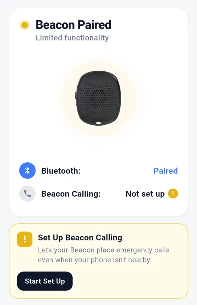 Silent Beacon Safety App showing a paired Beacon with limited functionality and a setup guide to resolve Beacon Calling
