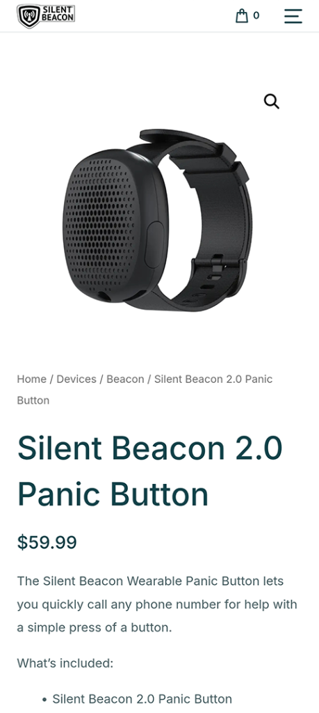Silent Beacon app purchase page showing the Silent Beacon 2.0 wearable panic button with wristband
