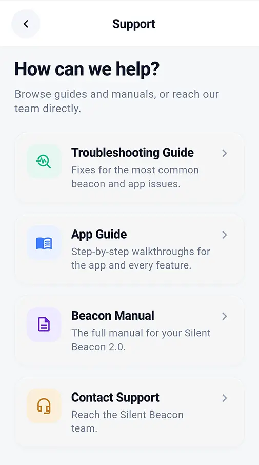 Silent Beacon Safety App support page with troubleshooting guide, app guide, Beacon manual, and contact support options