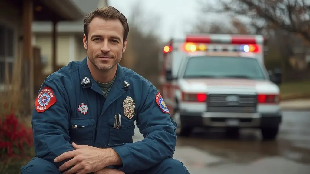 A determined male EMT sits outside an ambulance, reflecting on his commitment to healthcare and community service, ready for any emergency situation that may arise.