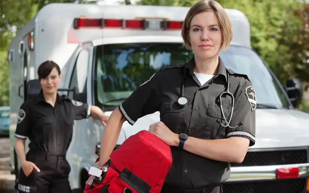 First responders serving a community with panic buttons on after exiting an ambulance.