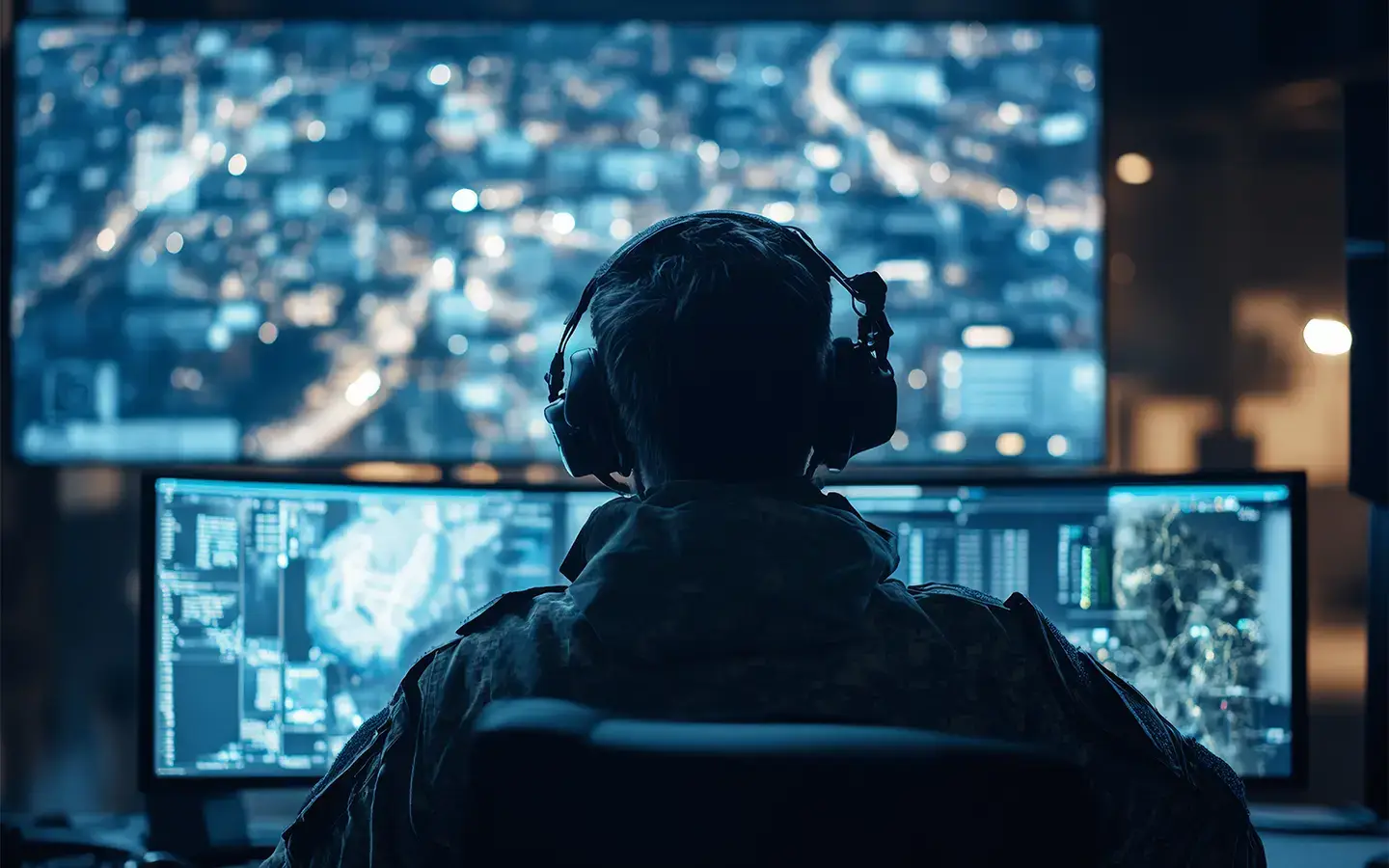 A man working at an emergency response technology center.