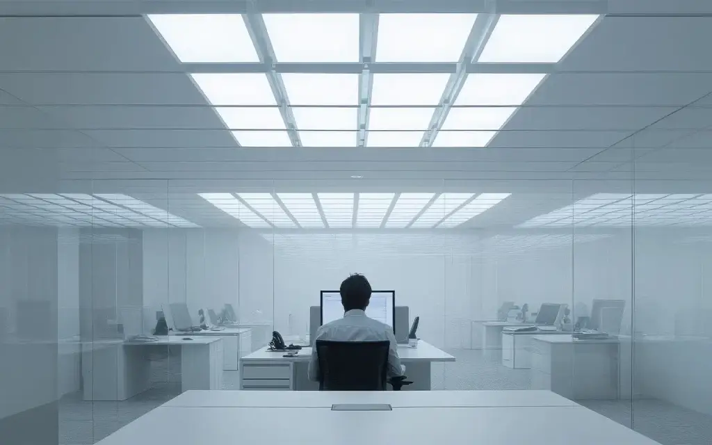A lone worker in his office at his desk.
