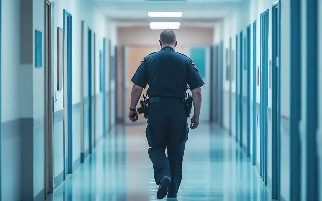 Police officer walking through hospital to respond to violence in healthcare facility.