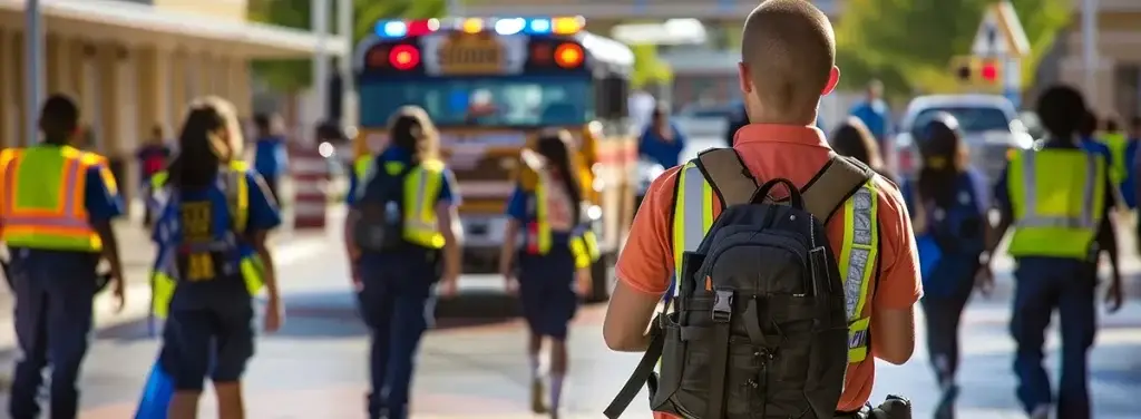 Students running safety drills outside of their school.