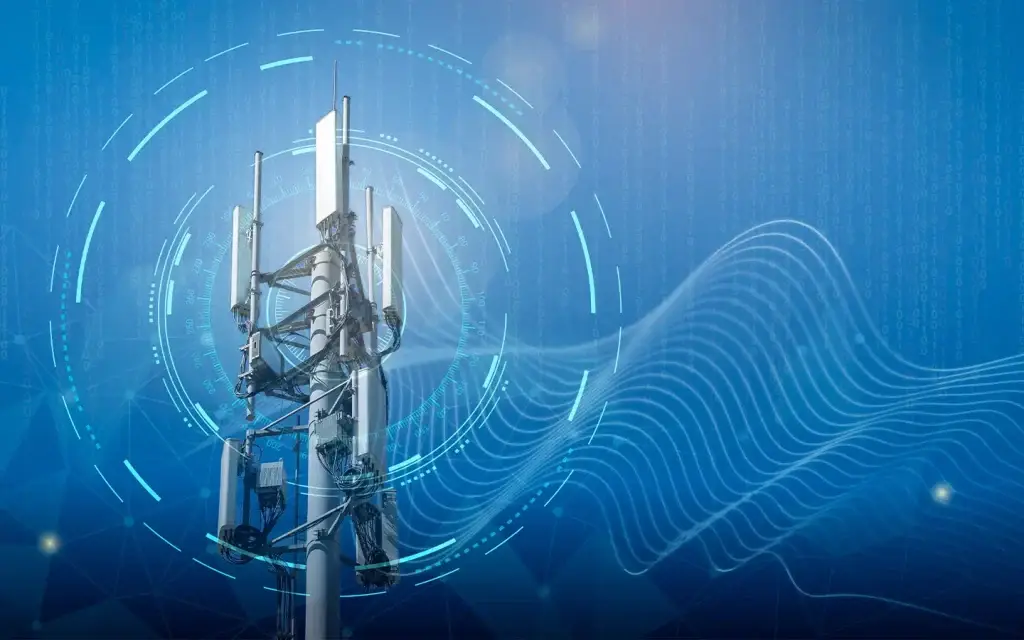 Cellular tower shining and emitting data symbolized through light waves.