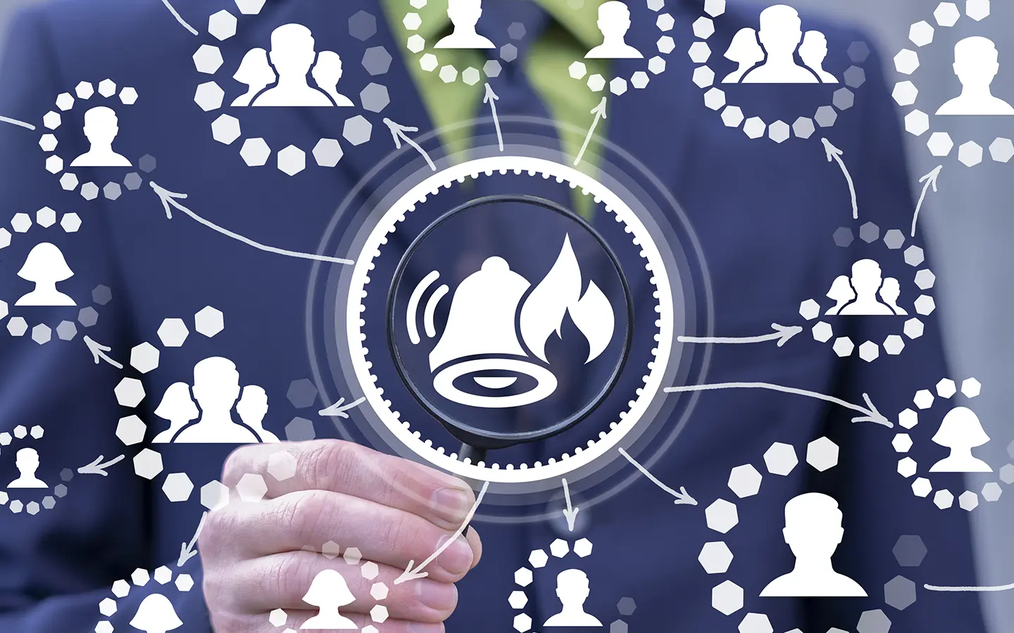 An emergency notification system for business flow symbolized through person icons and a fire emergency.