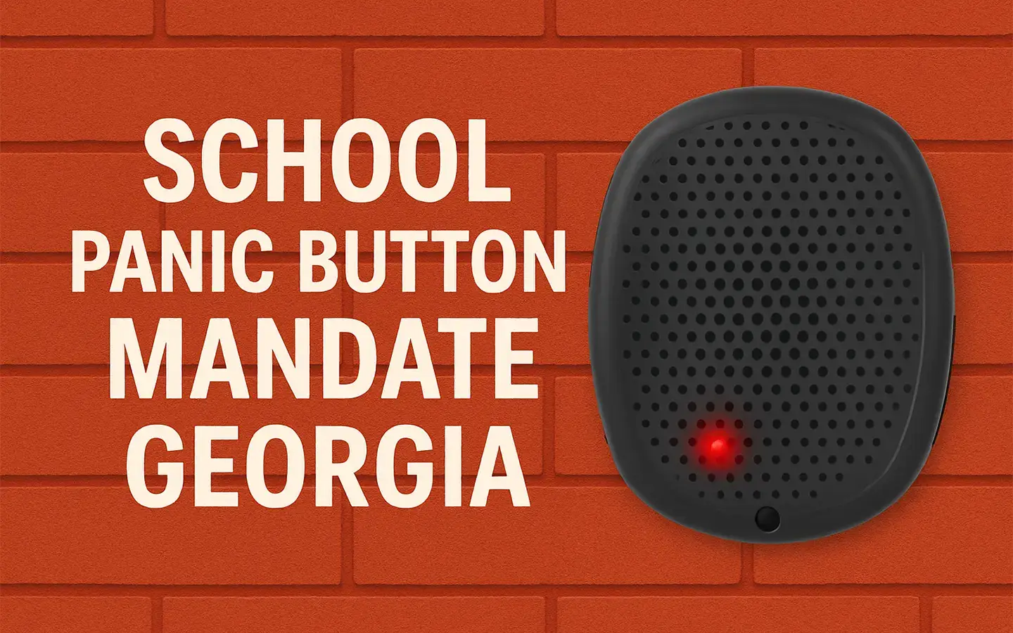 Georgia school panic button mandate thumbnail on brick wall with panic button.