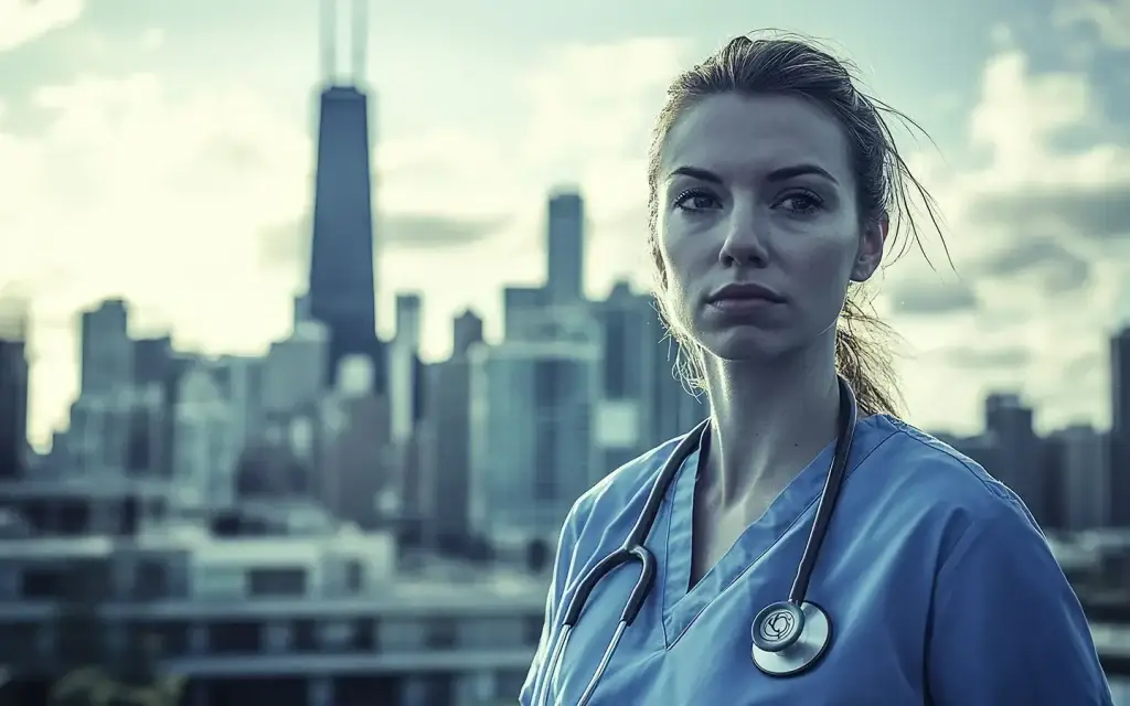 Illinois hospital nurse with Chicago skyline in the background.