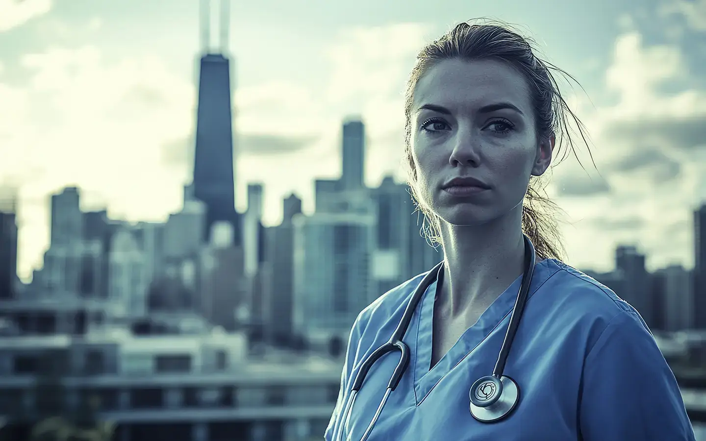 Illinois hospital nurse with Chicago skyline in the background.