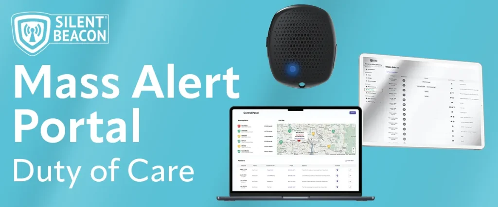 Silent Beacon Mass Alert Portal displayed alongside wearable panic buttons for emergency communication and safety management.