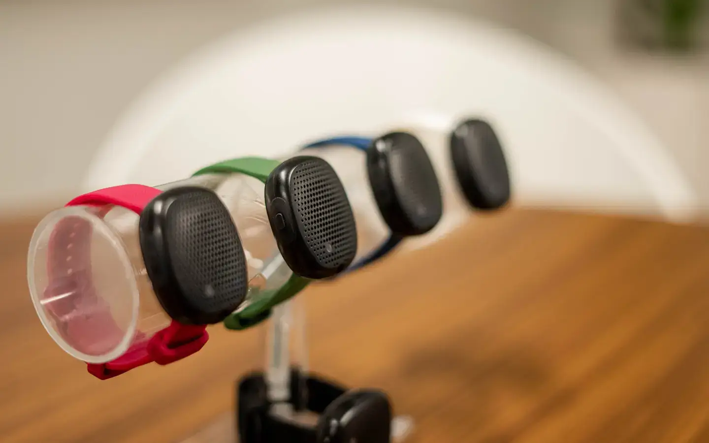 Silent Beacon panic buttons for office on display rack.