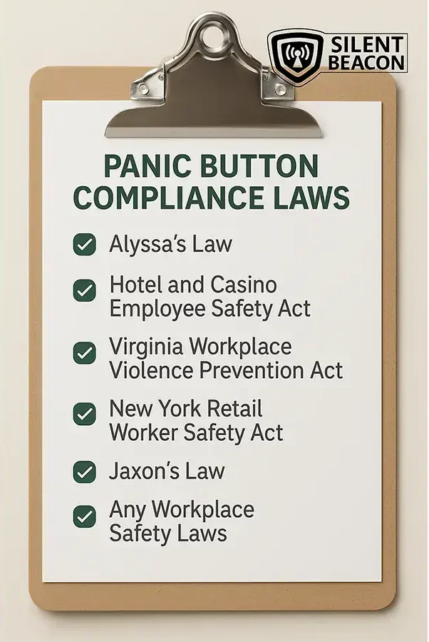 Panic Button Compliance Laws Checklist by Silent Beacon. Includes Alyssa's Law, Hotel and Casino Employee Safety Act, Virginia Workplace Violence Prevention Act, New York Retail Worker Safety Act, Jaxon's Law, Any Workplace Safety Laws.