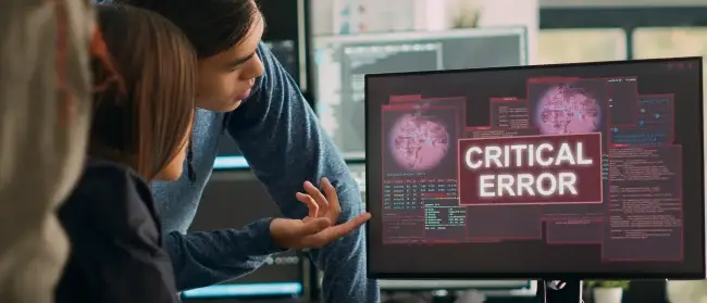 Team looking at computer screen showing a critical error message