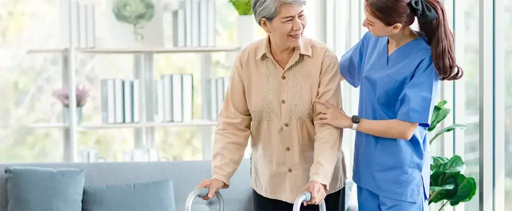 Nurse home care with senior woman banner