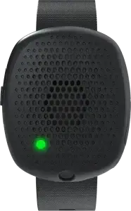 Close-up image of the Silent Beacon panic button showing its design, button, and LED light indicator.