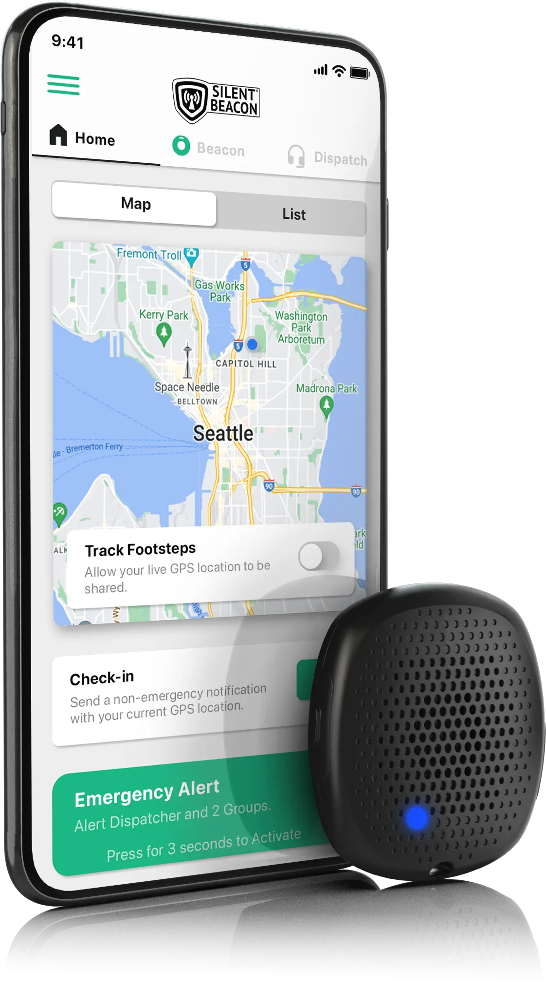 Silent Beacon mobile safety app displayed on a smartphone alongside a wearable panic button with a blue LED status light.