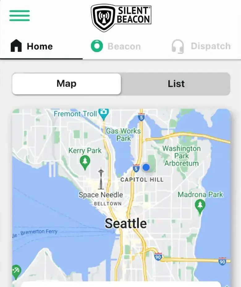 Silent Beacon Business App main menu screen, shows a map and a list.