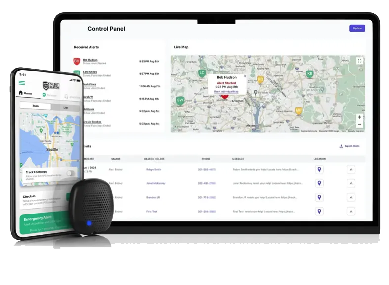 Silent Beacon ESS Dashboard showing Phone and Beacon