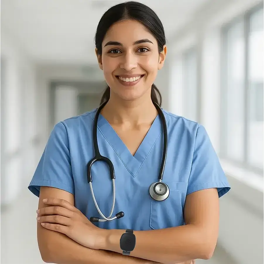 Nurse and Healthcare Worker Wearing the Silent Beacon Wearable Panic Button for Healthcare