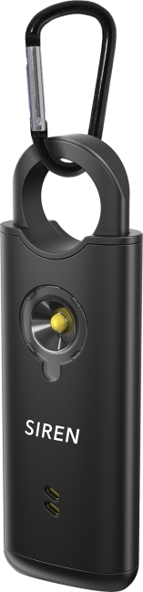 Black personal safety alarm keychain labeled 'siren' with LED light and black keyring attachment.