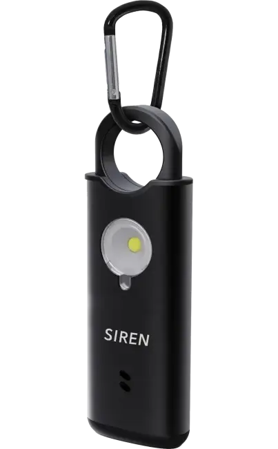 Black personal safety alarm keychain labeled 'siren' with LED light and black keyring attachment.