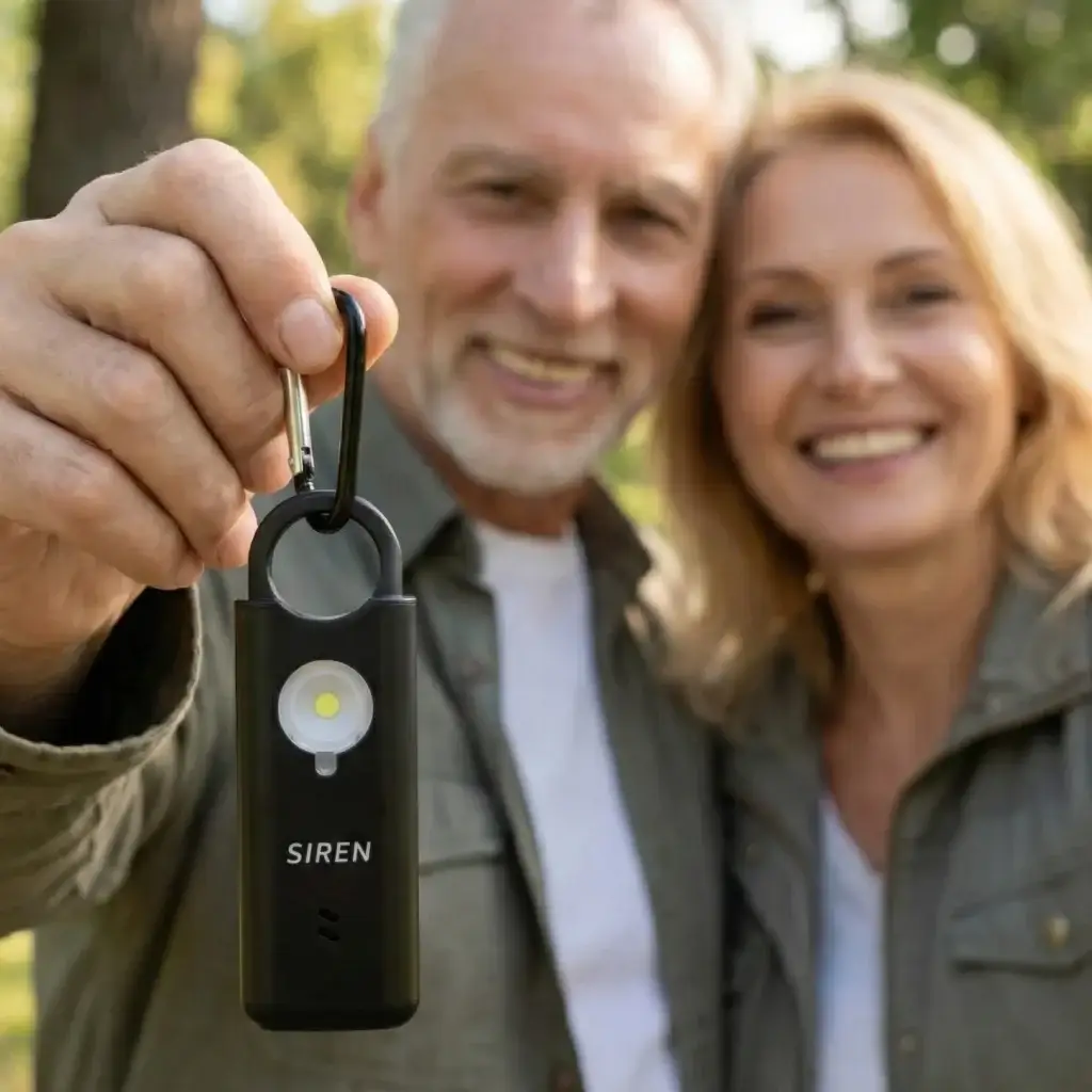 Middle aged couple smiling and holding Silent Beacon Personal Safety Alarmsoutdoors.