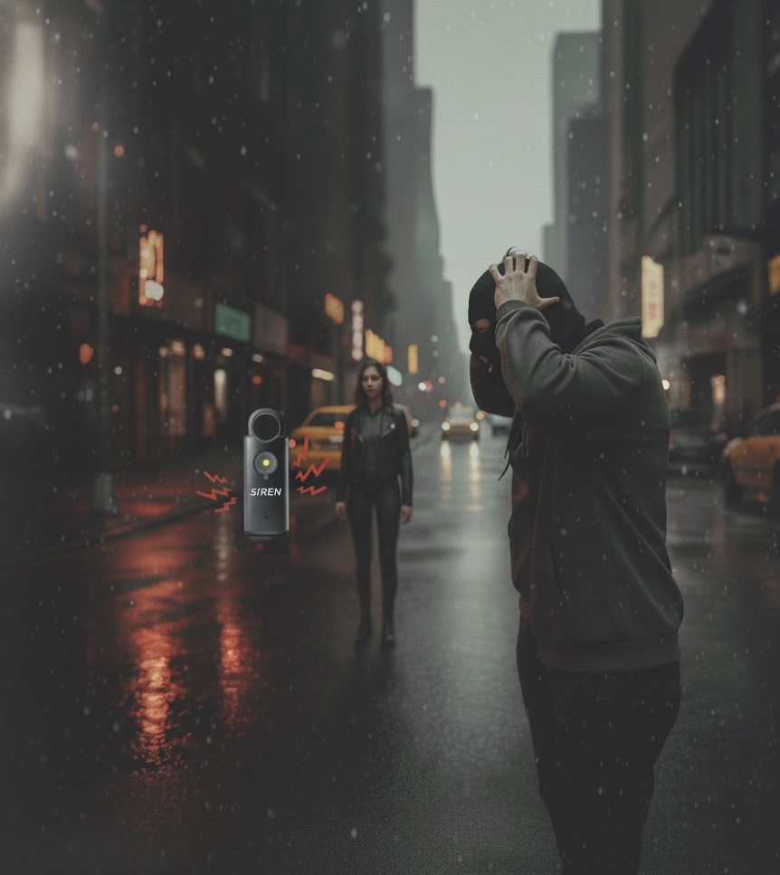 Woman activates personal safety alarm in dark city street, startling a masked assailant.