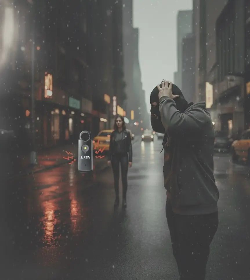 Woman activates personal safety alarm in dark city street, startling a masked assailant.