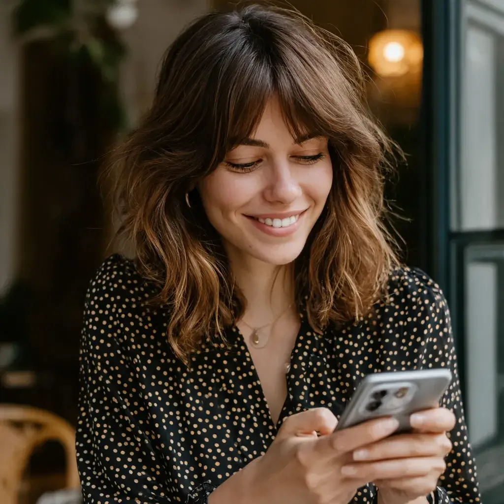 lady looking at her phone smiling