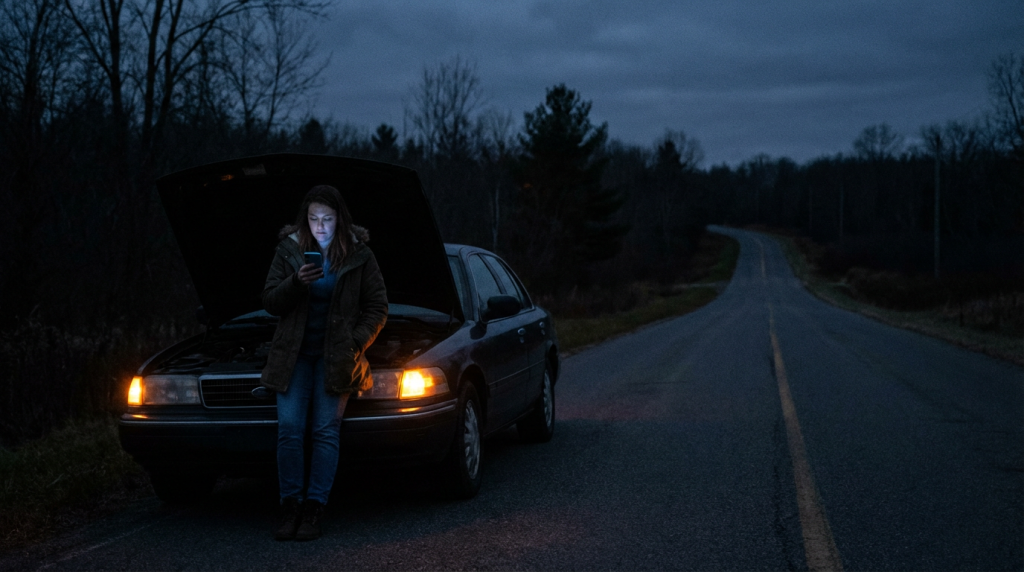 Person texting for emergency help beside a broken-down car on a dark rural road