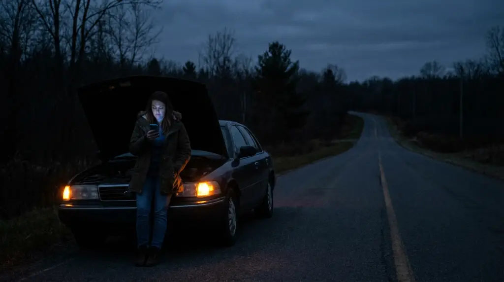 Person texting for emergency help beside a broken-down car on a dark rural road