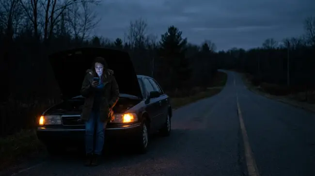 Person texting for emergency help beside a broken-down car on a dark rural road