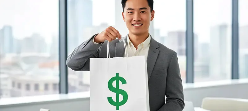 Professional holding a reward or recognition bag in an office setting after receiving workplace appreciation or recognition.