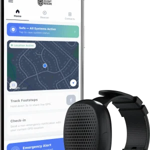 The Silent Beacon mobile app paired with a wearable panic button for emergency alerts, GPS location sharing, and safety check-ins.