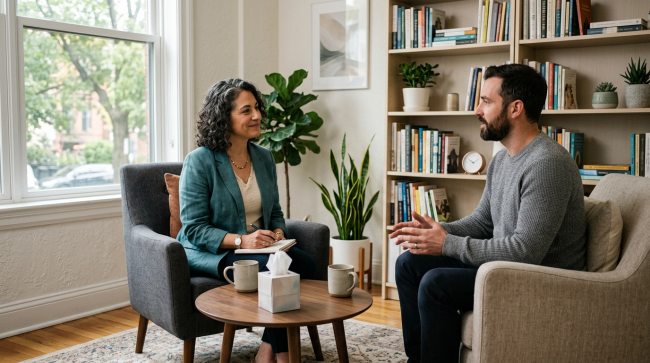 A therapist and client sitting across from each other during a one-on-one session in a private practice office.