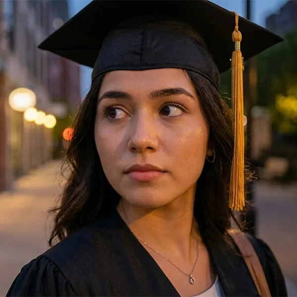 Young female graduate looking around to check her surroundings