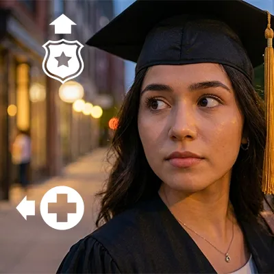 Graduate standing near an airplane, highlighting the importance of understanding surroundings and staying aware while traveling.