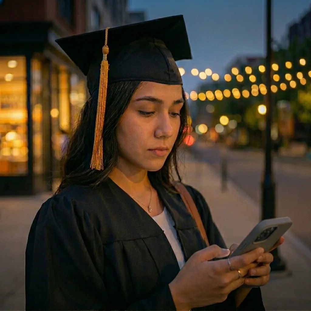 Graduate preparing for travel with a focus on creating a communication plan and staying connected with family and trusted contacts.